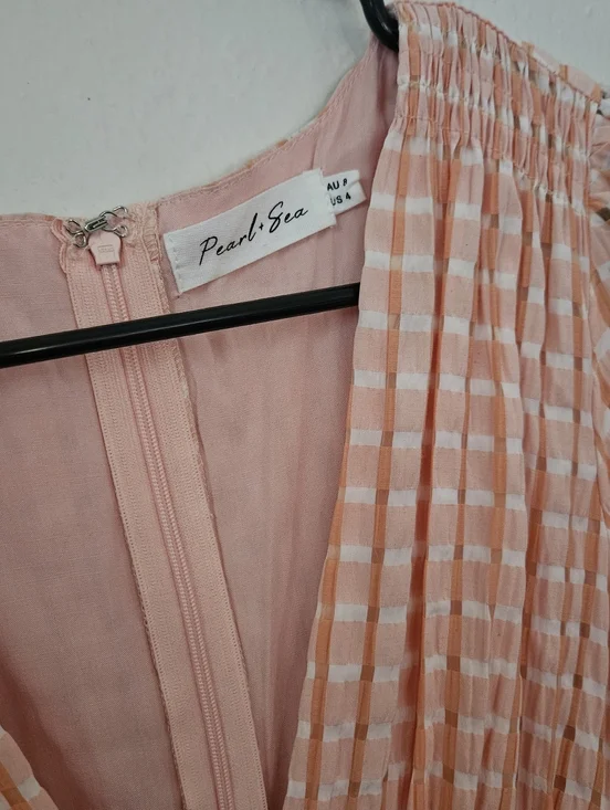 Pearl + Sea Orange Gingham Maxi Dress | Boho V-Neck Button Front Tiered Peach US - Picture 9 of 10